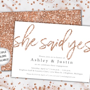 Rose Gold Engagement Party Invitation She Said Yes Invitation Template Rose Gold Glitter She Said Yes Engagement Party Invitation image 1