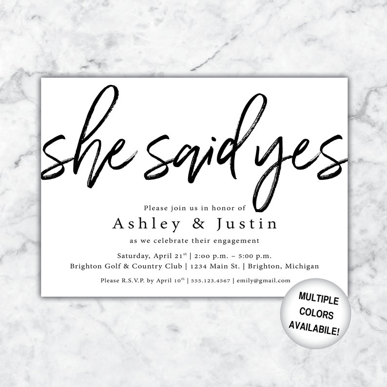 Engagement Party Invitation Black and White She Said Yes Invitation Printable Engagement Party Engagement Party Template Announcements image 1