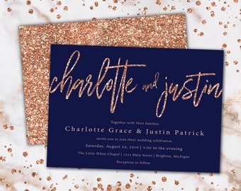 Rose Gold and Navy Wedding Invitations | Printable Wedding Invitations Template | Wedding Invitations with Rose Gold Glitter and Navy Blue