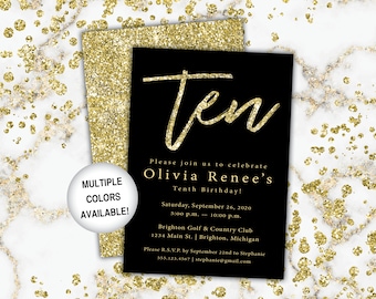 Invitación de 10º cumpleaños negro y dorado / Plantilla de invitación de décimo cumpleaños Oro y negro / Invitación de brillo de oro de 10 años / Invitación