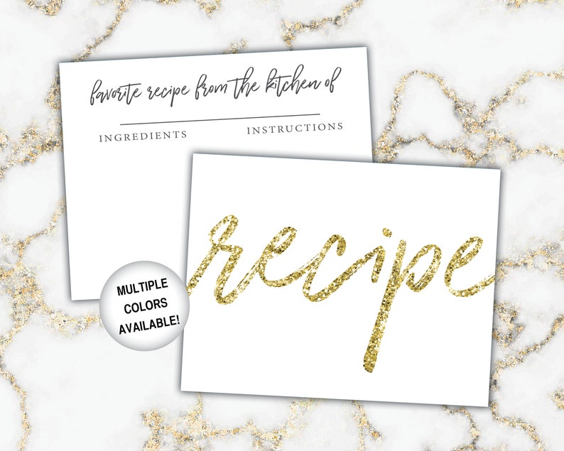 Gold Recipe Card Inserts Recipe Insert for Bridal Shower Gold Glitter Recipe Card Template Recipe Insert for Bridal Shower Recipes image 5