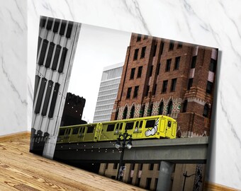 Detroit People Mover canvas muurkunst | Muurcanvas Downtown Detroit | Gele personenwagen Detroit City | Motor City