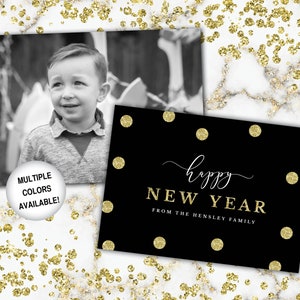 Happy New Year kaart met foto | New Years foto Card | New Years kaart met foto | Zwart en goud Glitter Happy New Year kaartsjabloon
