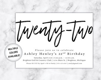 22nd Birthday Invitation Printable | Twenty Second Birthday Invitation Black and White | Printable 22nd Birthday Invite | Printable 22nd