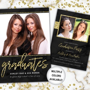 Twin Graduation Party Invitation Gold | Gold Graduation Party Invite For Twins Photos | Graduation Invitation Friends | Siblings Grad Party