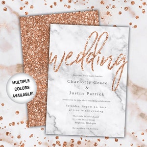 Rose Gold Marble Wedding Invitations | Printable Wedding Invitations Template | Wedding Invitations with Rose Gold Glitter Marble Background