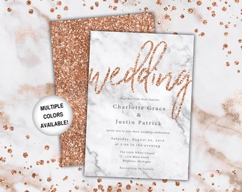 Rose Gold Marble Wedding Invitations | Printable Wedding Invitations Template | Wedding Invitations with Rose Gold Glitter Marble Background
