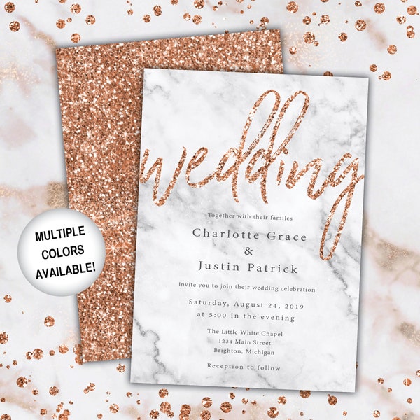 Rose Gold Marble Wedding Invitations | Printable Wedding Invitations Template | Wedding Invitations with Rose Gold Glitter Marble Background