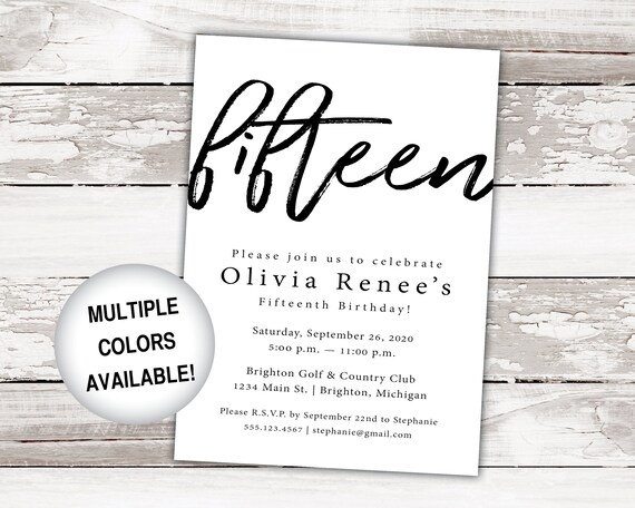 15th Birthday Invitations Printable Fifteenth Birthday Party Etsy