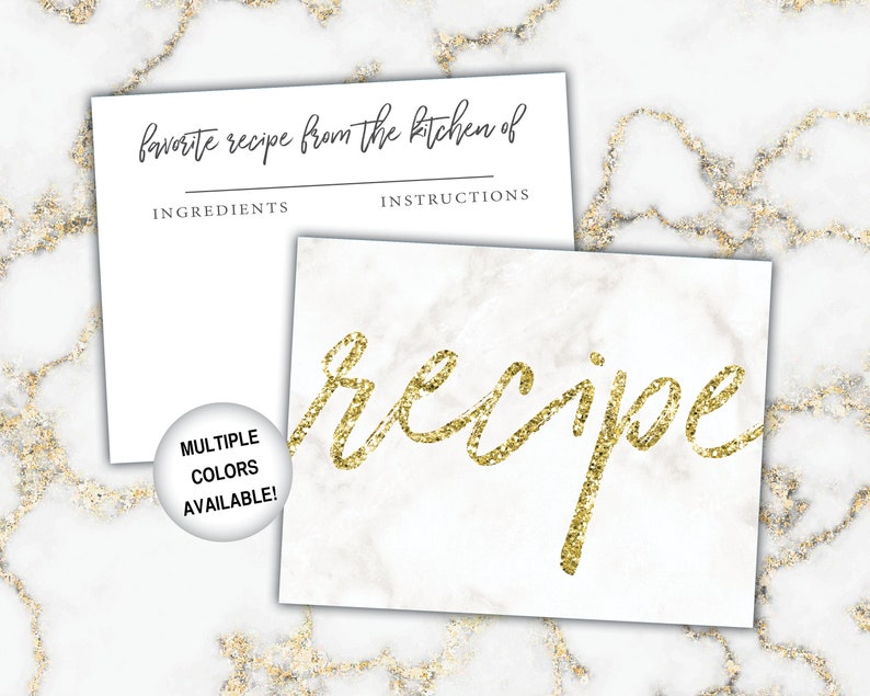 Gold Recipe Card Inserts Recipe Insert for Bridal Shower Gold Glitter Recipe Card Template Recipe Insert for Bridal Shower Recipes image 1