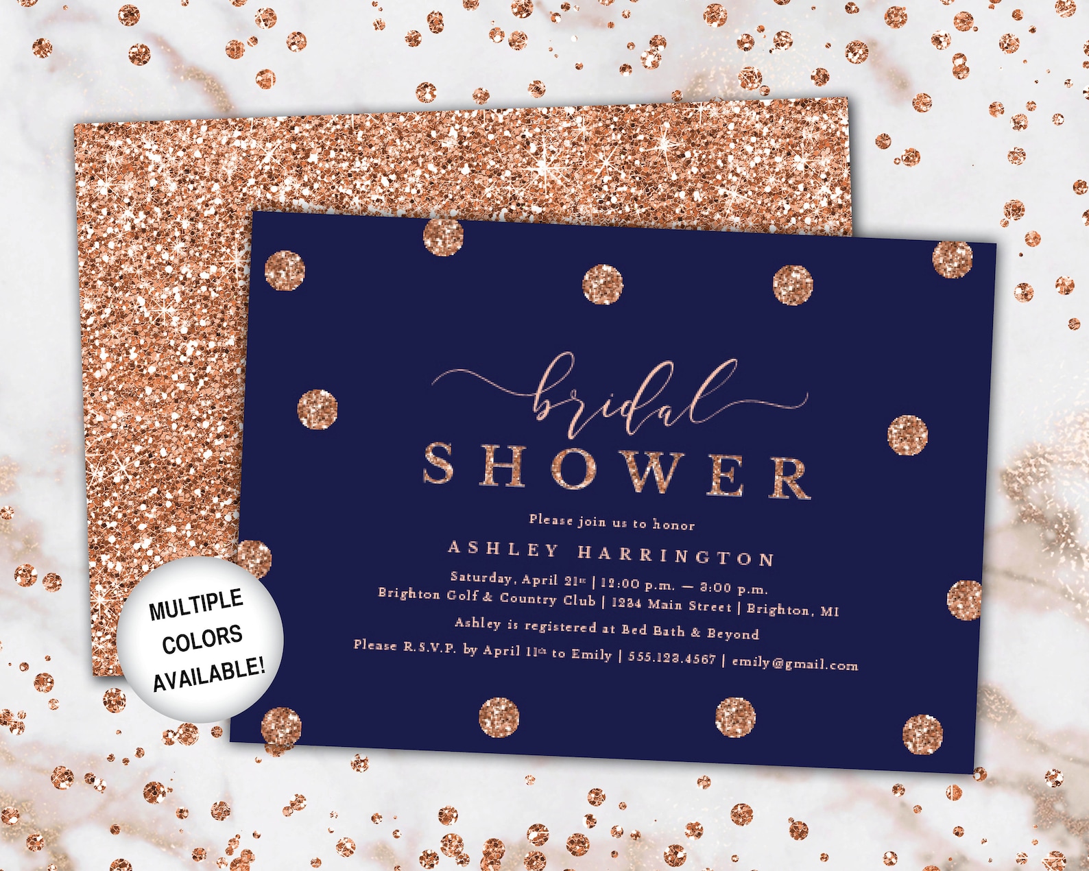 Rose Gold and Navy Bridal Shower Invitation Glitter Polka Etsy