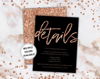 Rose Gold and Black Wedding Details Cards | Wedding Details Insert Rose Gold Glitter and Black | Wedding Details Piece for Invitations