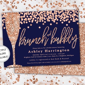 Brunch and Bubbly Bridal Shower Invitation Rose Gold and Navy Brunch & Bubbly Invitation Glitter Brunch and Bubbly with Champagne image 1