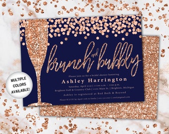 Brunch and Bubbly Bridal Shower Invitation | Rose Gold and Navy Brunch & Bubbly Invitation Glitter | Brunch and Bubbly with Champagne