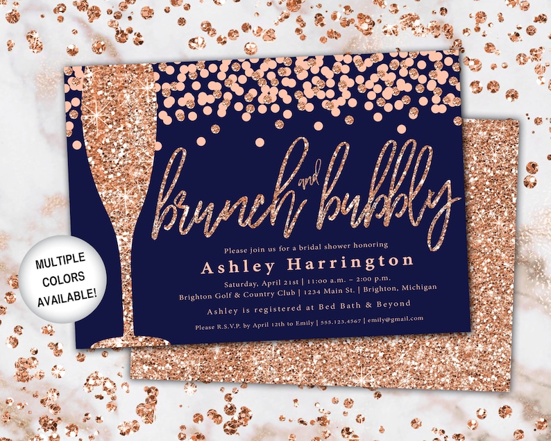 Brunch and Bubbly Bridal Shower Invitation Rose Gold and Navy Brunch & Bubbly Invitation Glitter Brunch and Bubbly with Champagne image 1