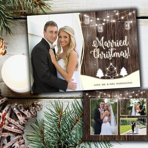 Getrouwde kerstkaart met foto | Rustieke kerstkaart Trouwfoto | Kerstkaart Rustieke houten lichtslingers | Kerstkaart Bruiloft
