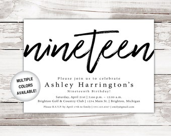 19th Birthday Invitations Printable | Nineteenth Birthday Party Invitations Template | Printable 19th Birthday Invites | Nineteen