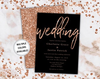 Rose Gold and Black Wedding Invitations | Printable Wedding Invitations Template | Wedding Invitations with Rose Gold Glitter and Black
