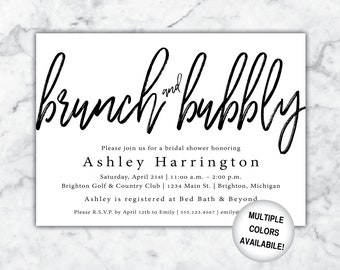 May include: A white bridal shower invitation with black text. The invitation reads "brunch and bubbly" in a handwritten font. The invitation is for Ashley Harrington and includes the date, time, location, and RSVP information.