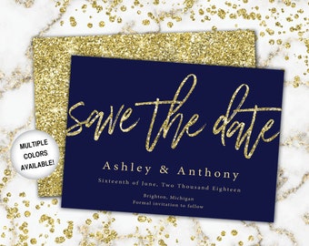 Gold and Navy Save The Date | Save The Date Invitation Template Gold Glitter | Save the Date Invitation Announcement Gold Glitter