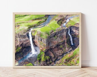 Haifoss Iceland Photo Waterfall Picture Wall Art, Háifoss Photo South Iceland Aerial View Decor Artwork, Iceland Waterfalls Landscape Foss