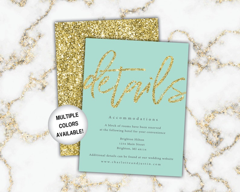 Gold Wedding Details Cards Wedding Details Insert Gold Glitter Wedding Details Piece for Invitations Gold and White Marble Wedding image 10