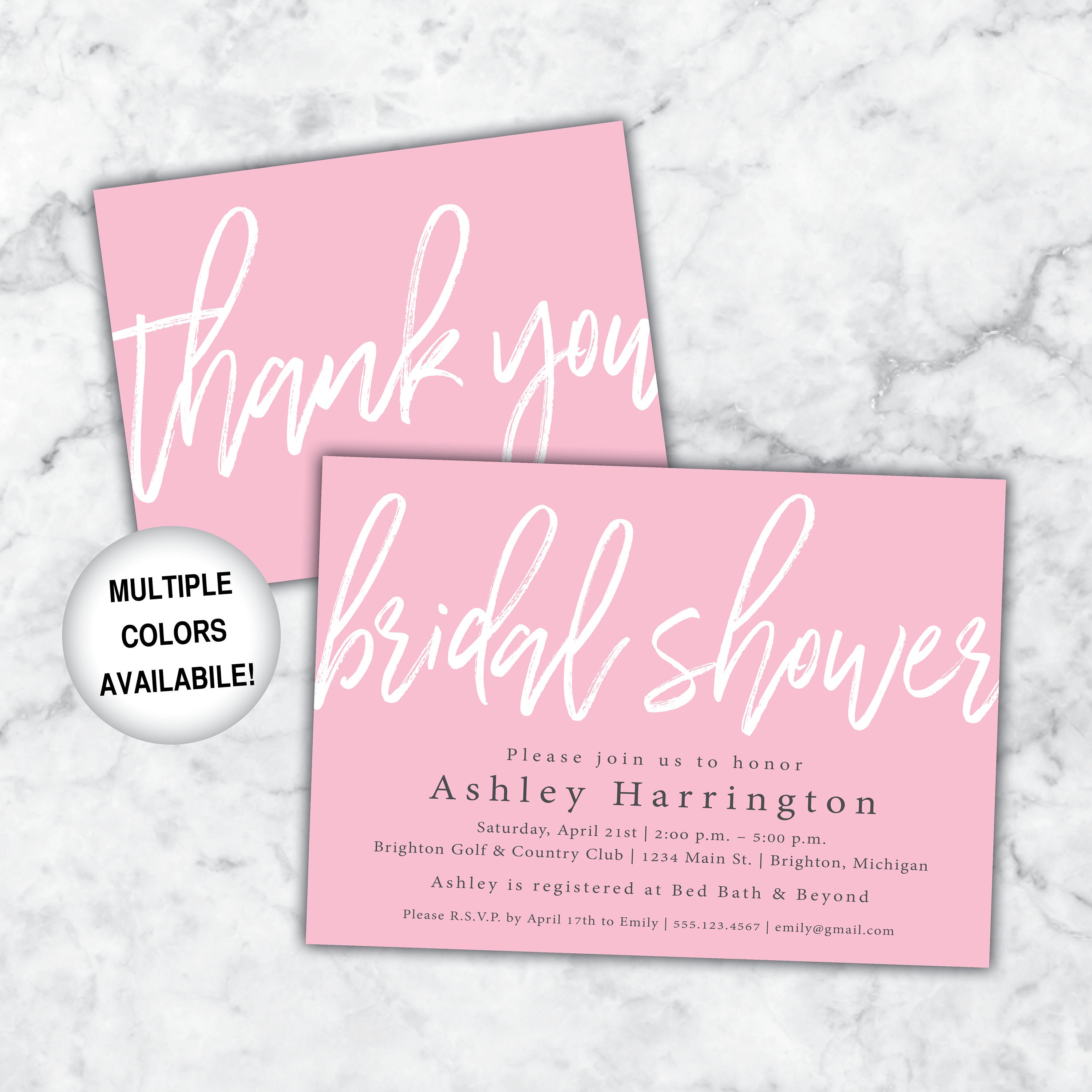 Bridal Shower Invitation and Thank You Cards Pink Bridal Etsy