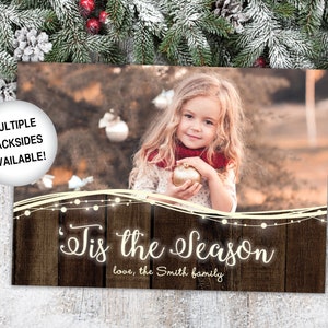 Tis The Season Christmas Card with Photo | Rustic Christmas Card Photo Tis The Season | Rustic Wood String Lights Holiday Card Template