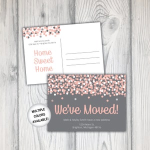 Wij verhuisd postkaarten | Wij verhuisd Confetti postkaarten | Grijze We verhuisd postkaarten | Wij verhuisd aankondigingen Print | Nieuwe adres briefkaart