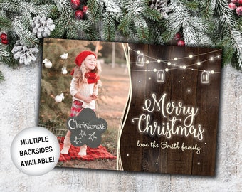 Rustic Christmas Card with Photo | Christmas Card Photo | Christmas Card Rustic Wood String Lights | Christmas Card Template