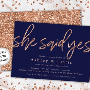 Rose Gold and Navy Engagement Party Invitation She Said Yes Invitation Template Rose Gold She Said Yes Engagement Party Invitation image 1