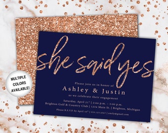 Rose Gold and Navy Engagement Party Invitation | She Said Yes Invitation Template Rose Gold | She Said Yes Engagement Party Invitation