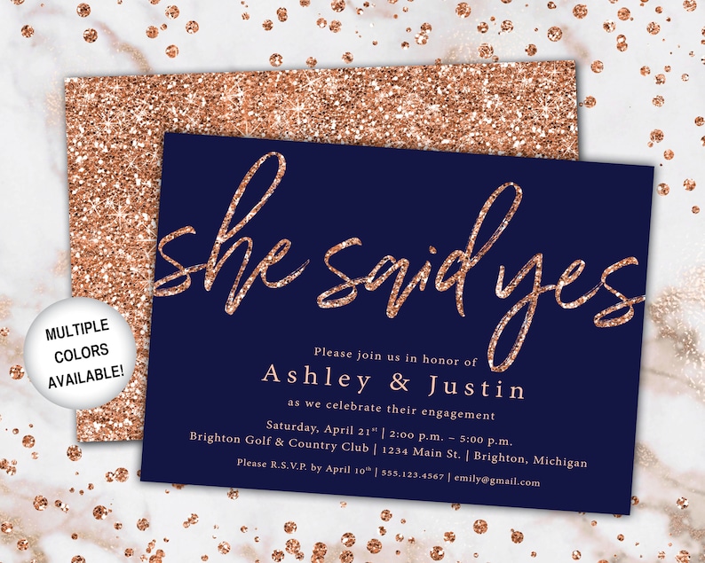 Rose Gold and Navy Engagement Party Invitation She Said Yes Invitation Template Rose Gold She Said Yes Engagement Party Invitation image 1