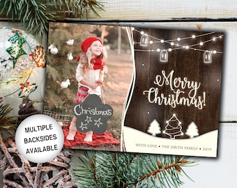 Rustic Christmas Card with Photo | Christmas Card Photo | Christmas Card Rustic Wood String Lights | Christmas Card Template