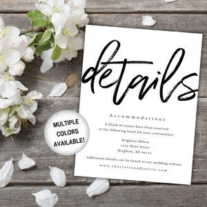 Détails de mariage en noir et blanc Insérer une carte imprimable | Détails de mariage imprimables Invitation | Détails de mariage Insérer un modèle imprimable