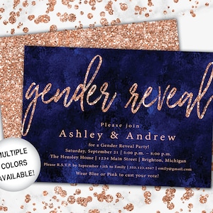 Rose Gold and Navy Gender Reveal Invitation | Gender Reveal Party Navy and Rose Gold Glitter | Printable Baby Gender Reveal Invite Template