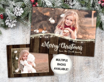 Rustic Christmas Card with Photos | Christmas Card Photo | Christmas Card Rustic Wood String Lights | Christmas Card Template