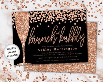 Brunch en bruisende bruids douche uitnodiging | Rose goud en zwart brunch & bruisende uitnodiging met glitter | Brunch en bubbelchampagne