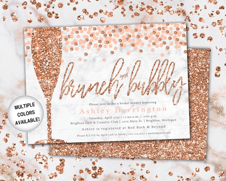 Brunch and Bubbly Bridal Shower Invitation Rose Gold and Navy Brunch & Bubbly Invitation Glitter Brunch and Bubbly with Champagne image 6