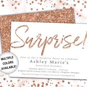 Rose Gold Surprise Party Invitation Surprise Birthday Party Template Rose Gold Rose Gold Surprise Invite Printed or Digital File image 1