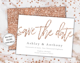 Rose Gold Save The Date | Save The Date Invitation Template Rose Gold | Save the Date Invitation Announcement Rose Gold Glitter