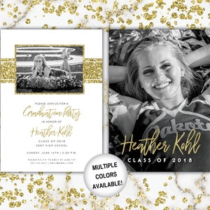 Graduation Party Invitation Gold Glitter | Gold and White Graduation Party Invitation with Pictures | Graduation Photos | Class of 2018