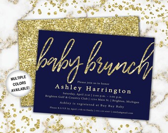 Baby Brunch Invitation Navy and Gold | Gold Glitter Baby Brunch Invitation Template | Baby Shower Brunch Invitation | Boy Baby Brunch Invite