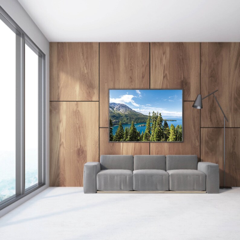 May include: A gray sofa sits in front of a wood-paneled wall with a framed landscape photograph of a lake and mountains. The photograph is in a black frame and shows a blue lake with green trees and a mountain range in the background.