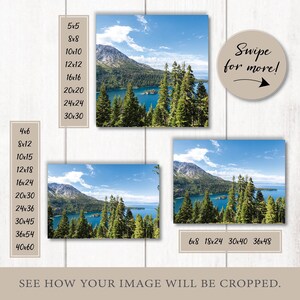 May include: A guide to different image crop sizes for a photo of a lake surrounded by trees and mountains. The image shows a variety of crop sizes, including 5x5, 8x8, 10x10, 12x12, 16x16, 20x20, 24x24, 30x30, 4x6, 8x12, 10x15, 12x18, 16x24, 20x30, 24x36, 30x45, 36x54, 40x60, 6x8, 18x24, 30x40, and 36x48. The text "Swipe for more!" is also visible in the image.