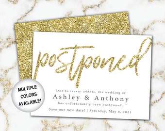 Gold Postponed Date Announcements | Postponed Invitations Gold Glitter | Postponed Wedding Announcement Template | New Date Invite
