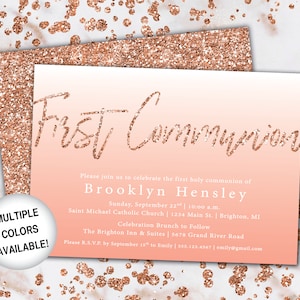 Rose Gold First Communion Invitation | First Holy Communion Printable Template | Communion Invitations Rose Gold | Baptism Announcements