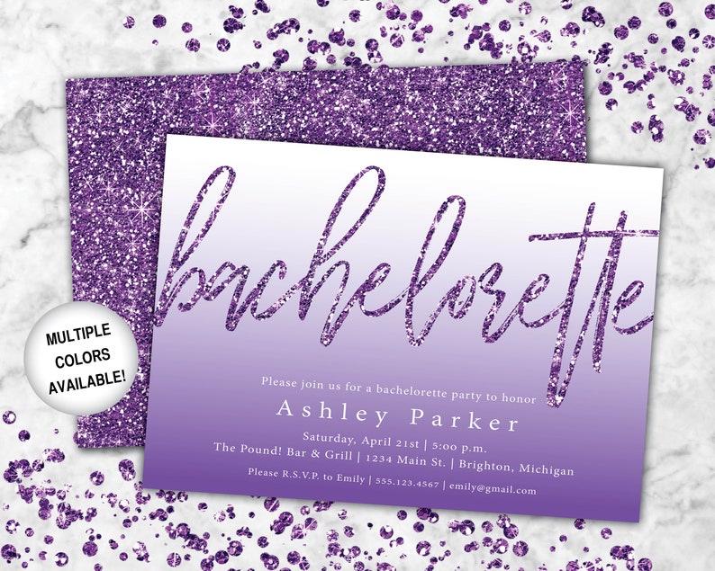 Purple Bachelorette Party Invitation with Glitter Bachelorette Party Invitation Purple Bachelorette Party Invites Bachelorette Invites image 4
