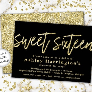 Black and Gold Sweet Sixteen Invitation | Sweet 16  Birthday Invitation Template Gold and Black | Sweet 16 Gold Glitter Invitation | Invite