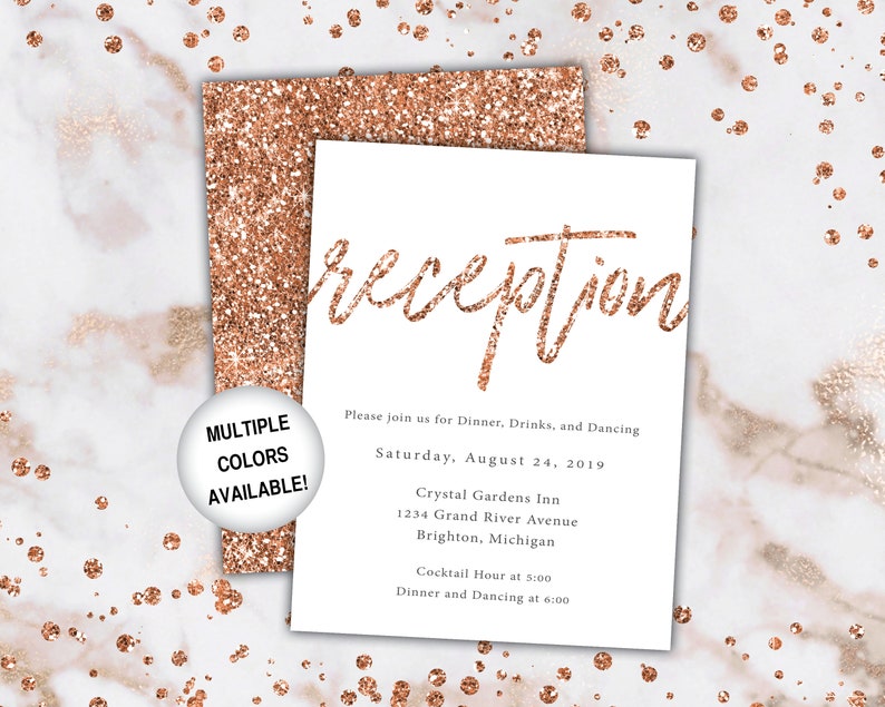 Rose Gold Reception Cards Wedding Reception Cards Rose Gold Glitter Wedding Reception Invitations Wedding Reception Template Card image 10